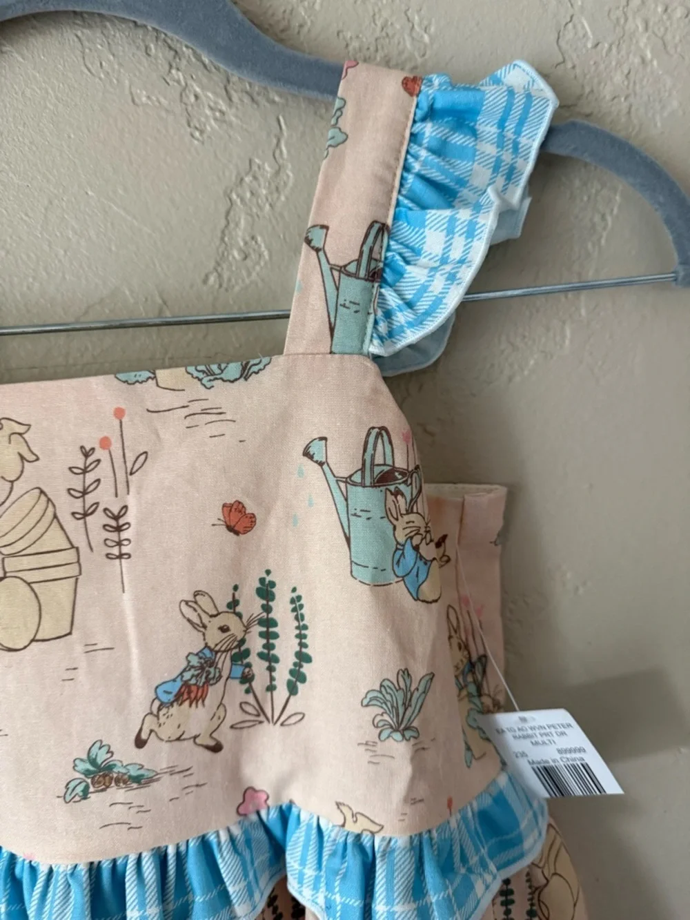 Peter Rabbit Girls Pink Flower Bunny Sundress with Blue Gingham Trim Spring 5